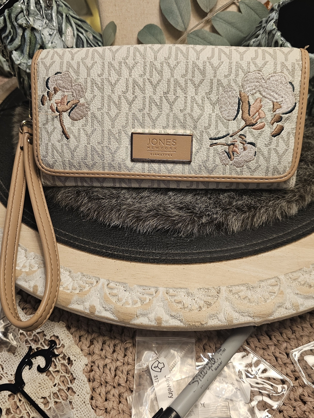 Jones New York Floral Embroidered Wristlet Wallet - Beige/Tan